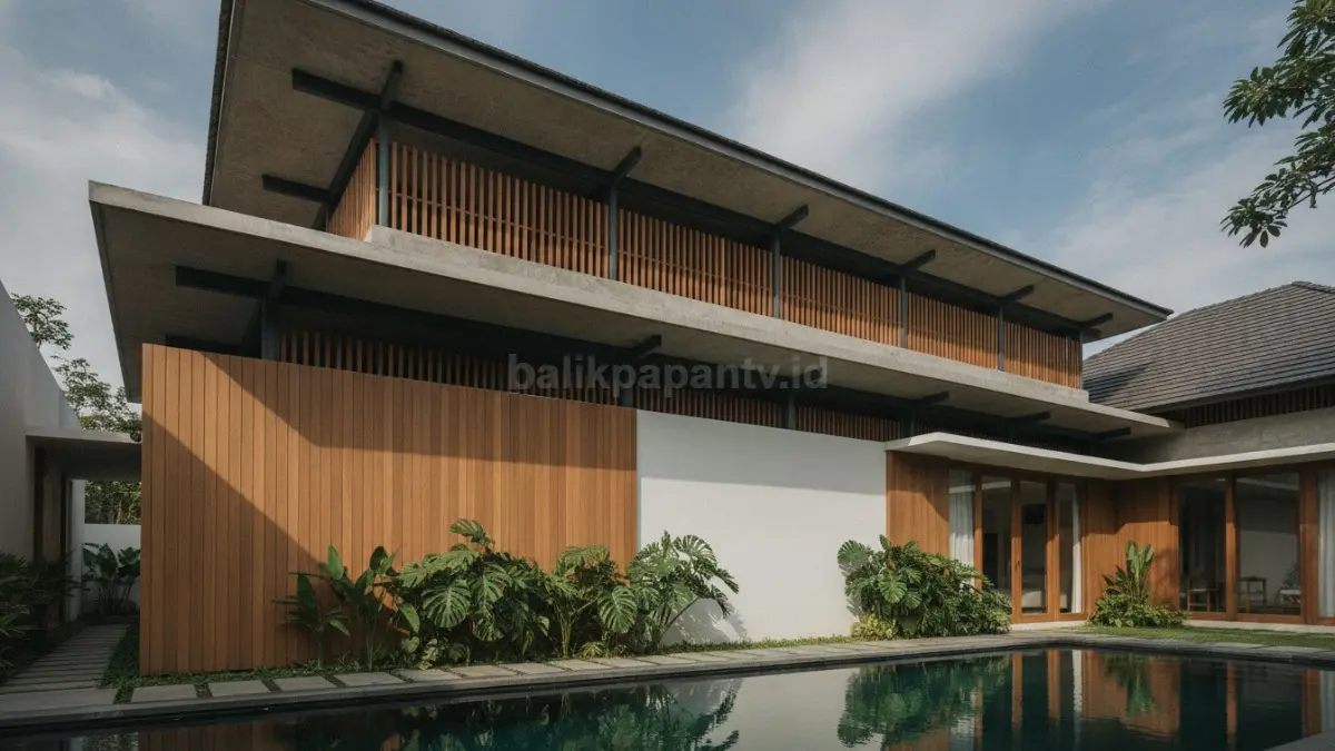 Detail konstruksi roof over roof memperlihatkan rongga udara dan sistem ventilasi alami rumah tropis.
