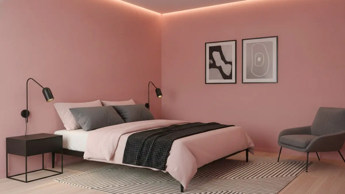 Dinding pink pucat berpadu aksen hitam tipis menghadirkan kamar modern elegan nyaman berkarakter untuk dewasa. (BTV/AI)

