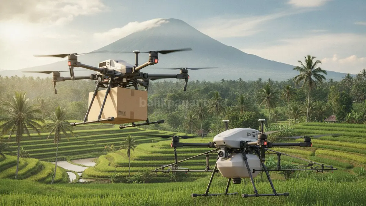 DJI FlyCart 30 dan DJI Agras T40 ditampilkan berdampingan sebagai drone industri berkapasitas besar dengan fungsi logistik dan pertanian. (BTV/Ai)