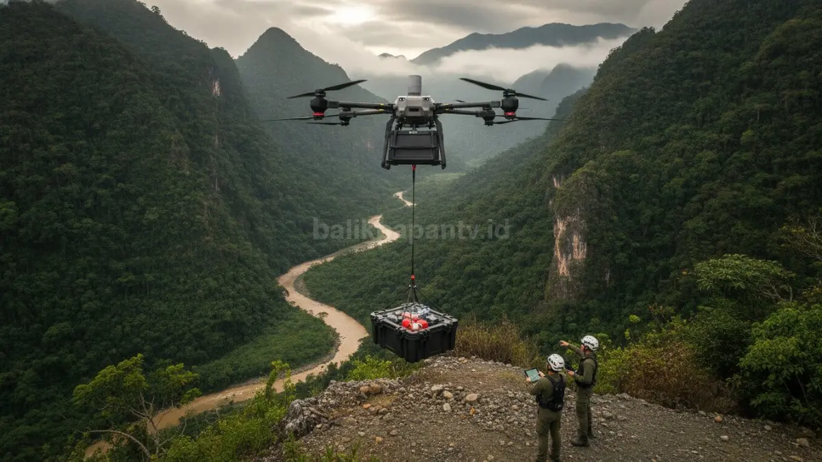 DJI FlyCart 30 sedang mengirim muatan menggunakan sistem katrol otomatis di area medan sulit. (BTV/Ai)
