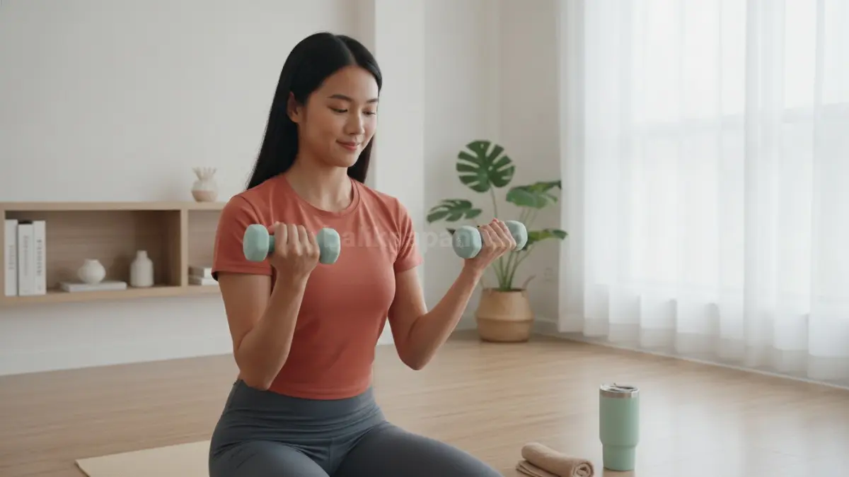 Dumbbell curl ringan melatih otot biceps secara efektif dengan beban ringan dan repetisi tinggi untuk hasil yang lebih terarah (BTV/Ai).
