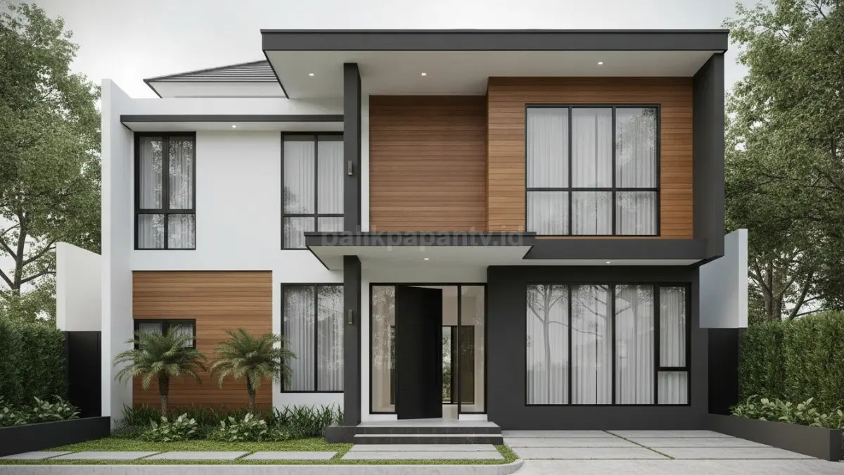 Fasad monokrom dengan aksen kayu menghadirkan kesan modern dan hangat, cocok untuk rumah minimalis berbagai ukuran (BTV/Ai).
