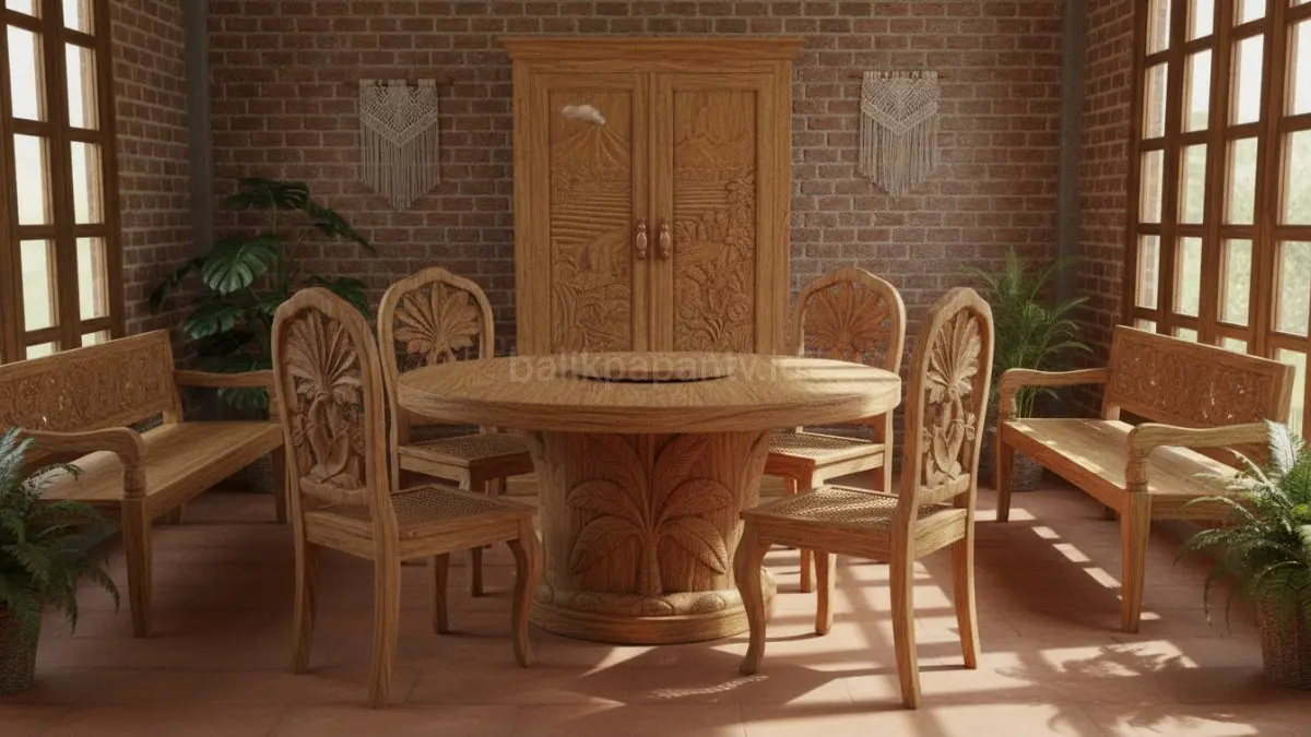 Furnitur kayu ukir artisan menghadirkan karakter kuat, kualitas tinggi, dan nilai estetika yang bertahan lama dalam interior modern.(BTV/AI) 