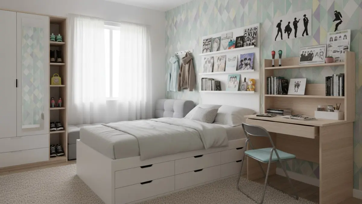 Furnitur multifungsi menghemat ruang kamar, menambah penyimpanan, menjaga kerapian, serta mendukung aktivitas sehari-hari lebih nyaman. (BTV/AI)
