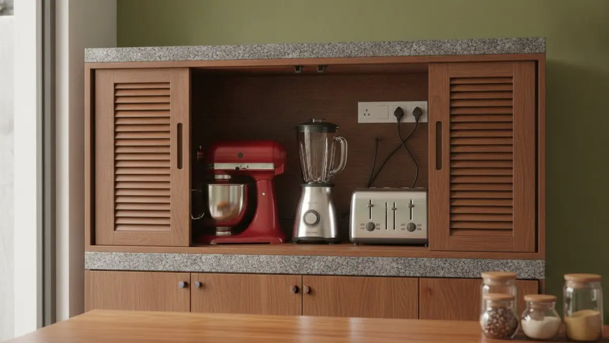Garasi alat elektronik menyembunyikan mixer, blender, toaster menjaga meja dapur tetap rapi dan mudah digunakan. (BTV/AI)
