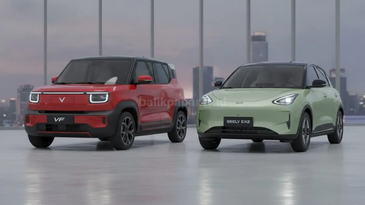 Geely EX2 dan VinFast VF3 menjadi sorotan dalam persaingan mobil listrik harga terjangkau. (BTV/Ai)