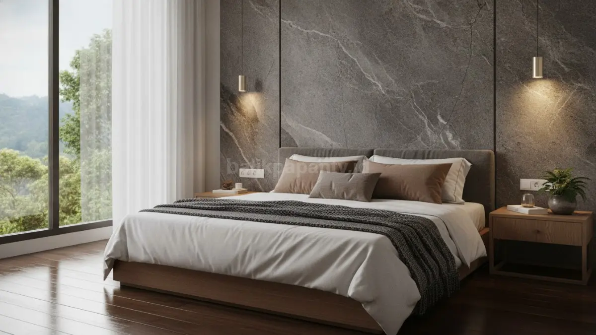 Headboard batu alam menghadirkan nuansa tenang, elegan, dan nyaman pada kamar tidur.  (BTV/AI)