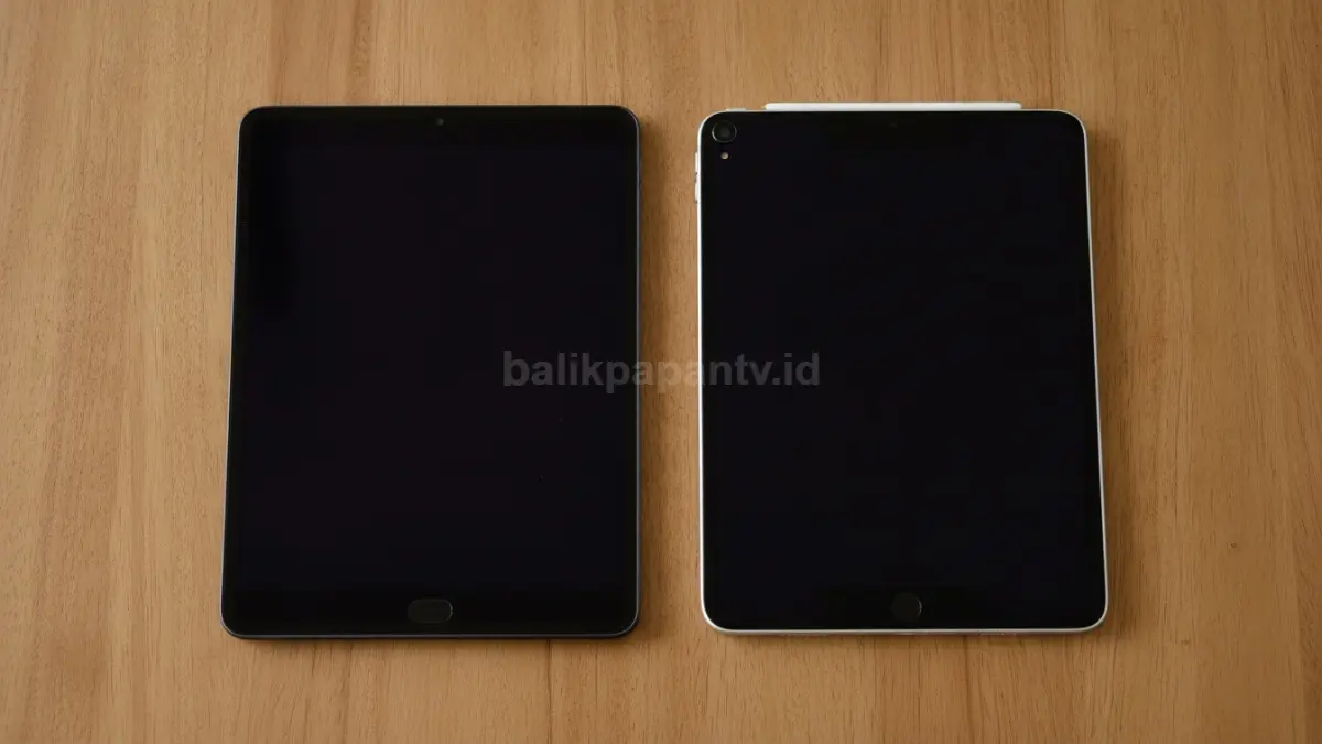 Huawei MatePad Mini dan iPad Mini 6 berdampingan menampilkan perbedaan desain, layar, dan ukuran bezel. (BTV/Ai)