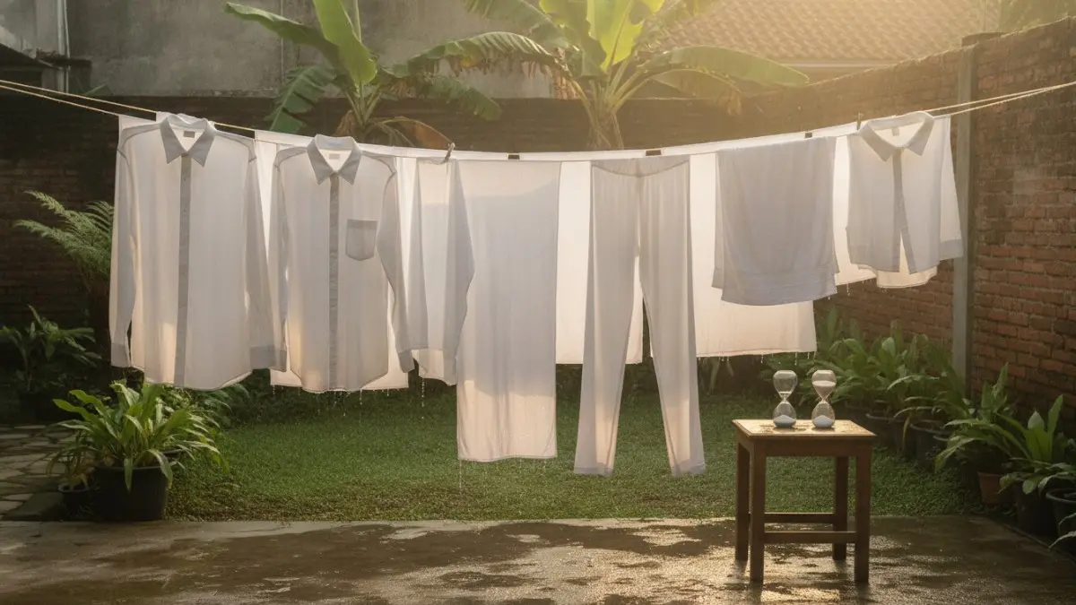 Jemur baju di bawah sinar matahari pagi membantu memutihkan alami tanpa merusak serat kain berlebihan. (BTV/AI)
