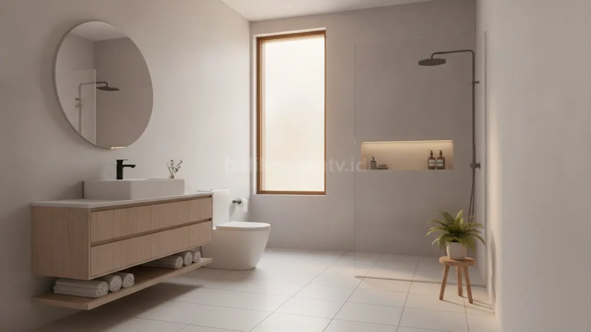 Kamar mandi 2x2 modern dengan tata letak efisien dan pencahayaan alami yang nyaman digunakan setiap hari.
