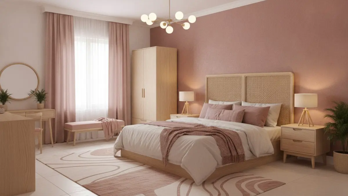 Kamar tidur pink dusty dengan furnitur kayu terang dan lampu warm white, inspirasi nyaman untuk 2026. (BTV/AI)