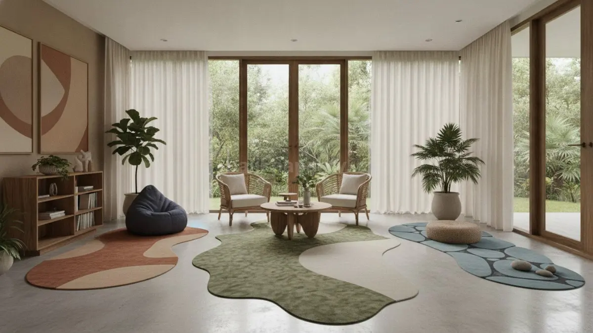 Karpet organik menciptakan dinamika visual menarik, membedakan area ruang tanpa sekat fisik tambahan.  (BTV/AI)