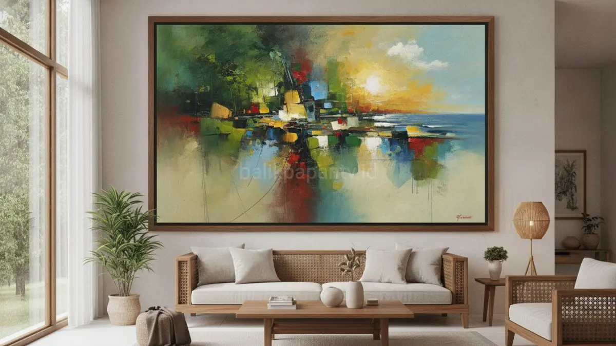 Karya seni berukuran besar menjadi titik fokus yang kuat, membuat ruangan terasa lebih rapi, modern, dan berkarakter.(BTV/AI) 