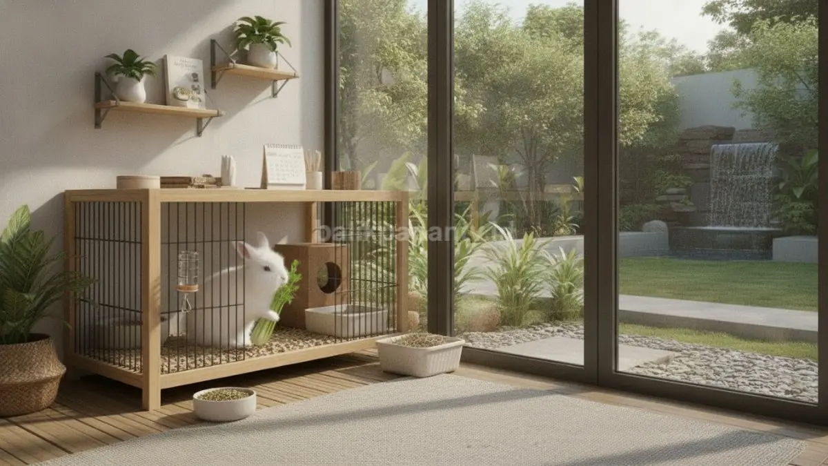 Kelinci sehat di kandang bersih dengan pakan hay segar dan suasana nyaman rumah modern. (BTV/Ai)