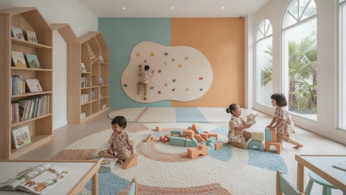 Kids playground indoor modern dengan dinding panjat mini, rak buku, dan karpet empuk untuk aktivitas anak. (BTV/AI)
