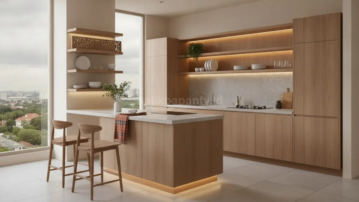 Kitchen island multifungsi dengan kombinasi kayu dan batu alam, menghadirkan ruang makan praktis modern. (BTV/Ai)
