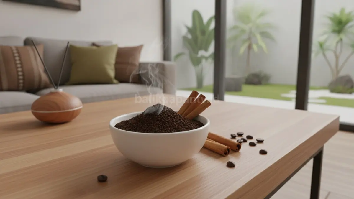 Kopi bubuk dan kayu manis dimanfaatkan sebagai pengharum ruangan sederhana yang fungsional.
