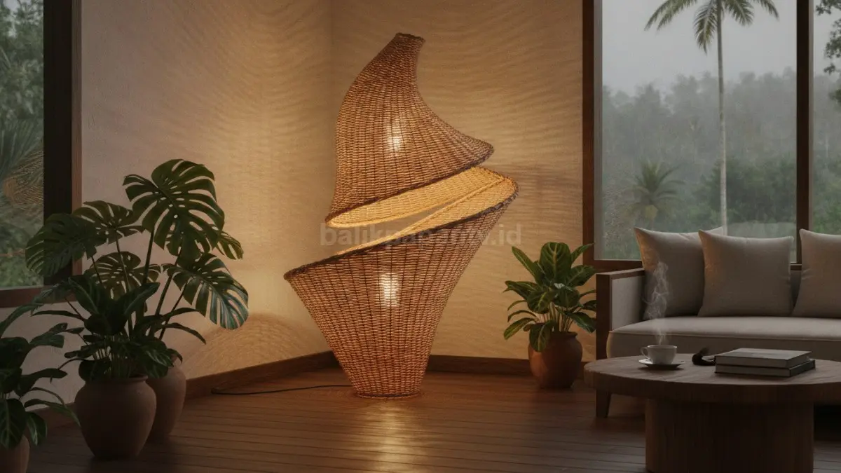 Lampu dekoratif melengkung menghadirkan keseimbangan visual, menciptakan suasana hangat dan santai ruangan.  (BTV/AI)
