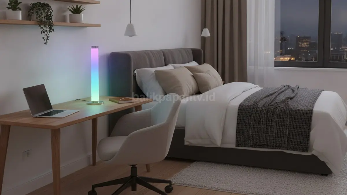 Lampu meja RGB portable memberikan fleksibilitas pencahayaan dengan suasana yang bisa disesuaikan untuk bekerja maupun bersantai (BTV/Ai).
