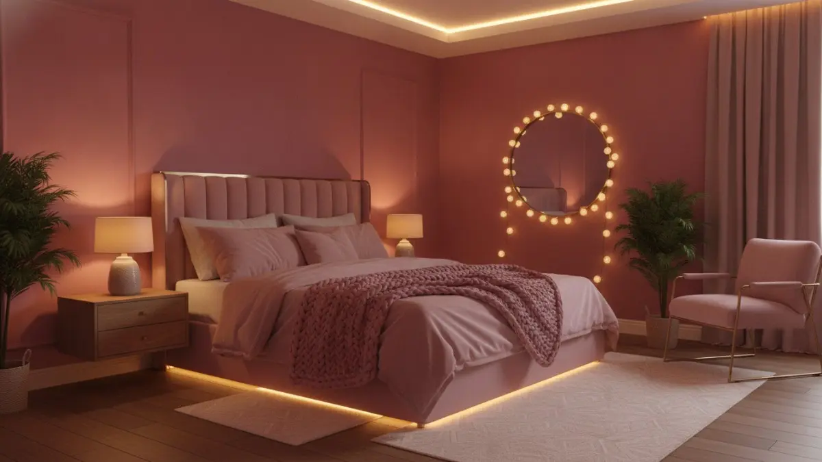 Lampu warm white menjaga kelembutan warna pink, menciptakan suasana kamar hangat, nyaman, dan menenangkan setiap malam. (BTV/AI)
