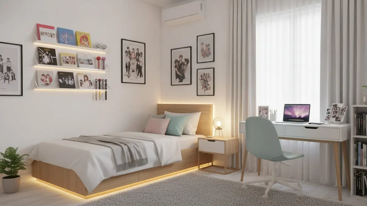 Lampu warm white menjaga kelembutan warna pink, menciptakan suasana kamar hangat, nyaman, dan menenangkan setiap malam. (BTV/AI)
