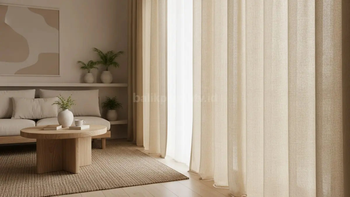 Linen natural curtain menghadirkan nuansa hangat dan alami dengan pencahayaan lembut yang nyaman untuk ruang bergaya modern (BTV/Ai).

