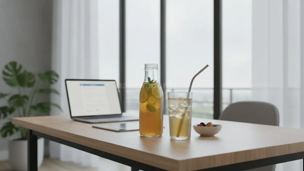 Minuman health tersaji di meja kerja sebagai pilihan praktis mendukung aktivitas harian.

