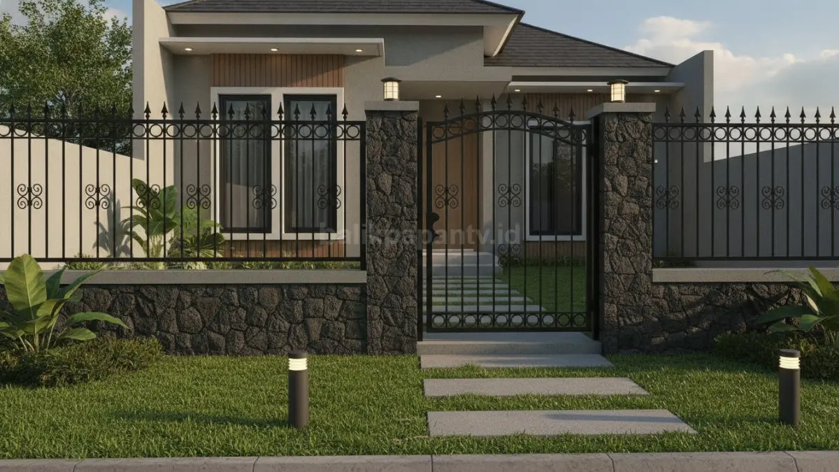Model kombinasi batu alam dan besi tempa menghadirkan kesan kokoh, mewah, dan elegan pada tampilan pagar rumah (BTV/Ai).
