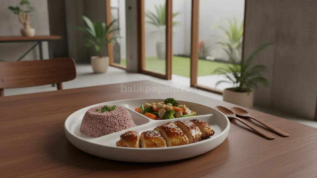 Model piring seimbang dengan pembagian karbohidrat, protein, dan sayuran untuk pola makan sehat harian (BTV/Ai)

