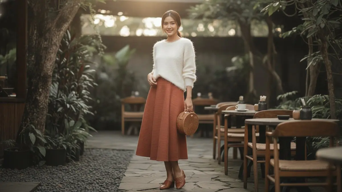 Mohair sweater dan rok wool blend menghadirkan gaya hangat, elegan, ringan, nyaman, serta mewah sepanjang musim dingin. (BTV/AI)
