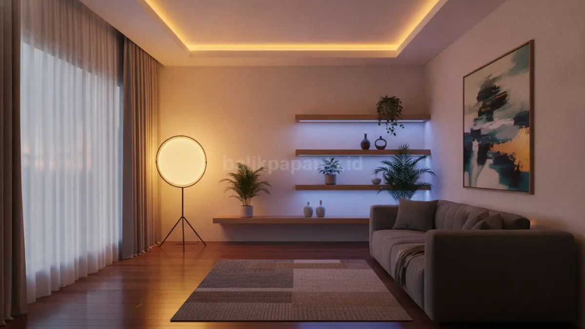 Mood lighting room modern dengan kombinasi lampu hangat dan LED tersembunyi yang nyaman.  (BTV/AI)