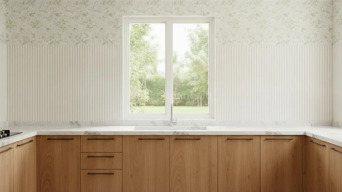 Motif garis vertikal lembut membuat dapur mungil tampak lebih tinggi, rapi, dan nyaman dipandang. (BTV/Ai)
