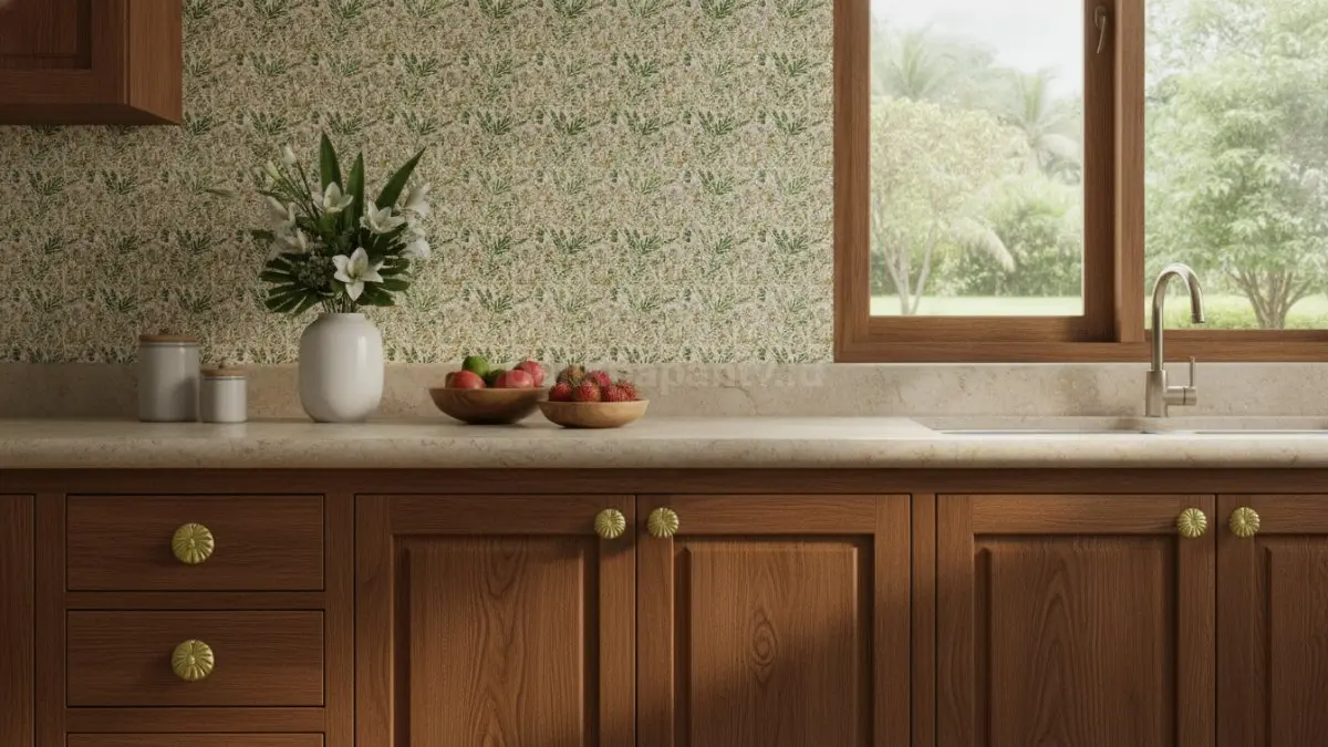 Motif wallpaper dedaunan tropis menghadirkan nuansa alami yang membuat dapur terasa lebih menenangkan (BTV/Ai)
