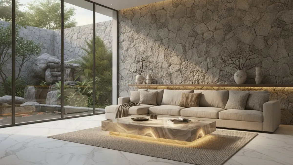 Natural stone decor pada ruang tamu modern menghadirkan tekstur alami yang elegan.  (BTV/AI)