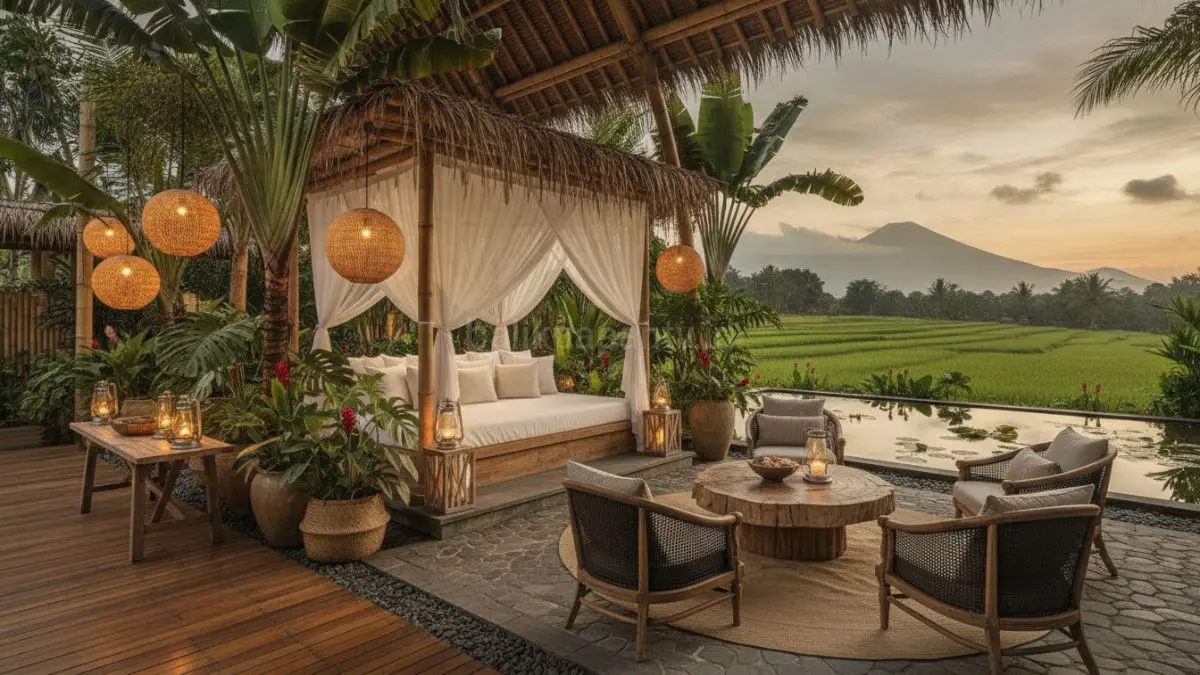 Outdoor living room bergaya resort menghadirkan suasana santai dan mewah yang membuat area teras terasa seperti tempat liburan pribadi.(BTV/AI) 