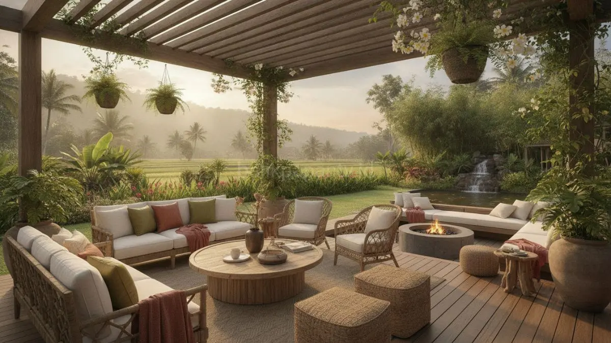 Outdoor living room menjadi tren hunian yang menghadirkan kenyamanan ruang keluarga ke area teras dan taman, menciptakan ruang berkumpul yang lebih santai, fungsional, dan dekat dengan alam.(BTV/AI) 
