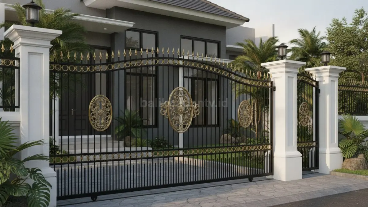 Pagar tinggi klasik dengan pilar besar memberikan kesan megah sekaligus meningkatkan keamanan rumah secara maksimal (BTV/Ai).
