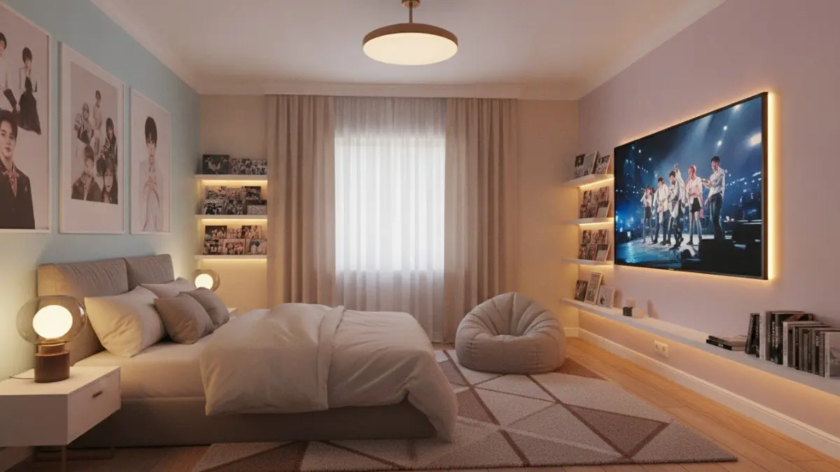 Pencahayaan bertingkat menghadirkan kamar K-pop nyaman, hangat, estetik, dan ideal untuk bersantai maupun menikmati konser daring. (BTV/AI)
