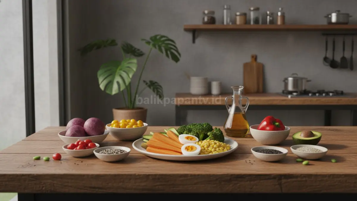 Penyajian makanan dengan kombinasi warna alami dari sayuran dan protein untuk tampilan sehat dan bergizi (BTV/Ai)
