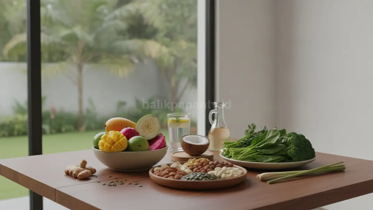 Penyajian makanan fokus pada vitamin dan mineral dari buah, kacang, dan sayuran hijau segar (BTV/Ai)

