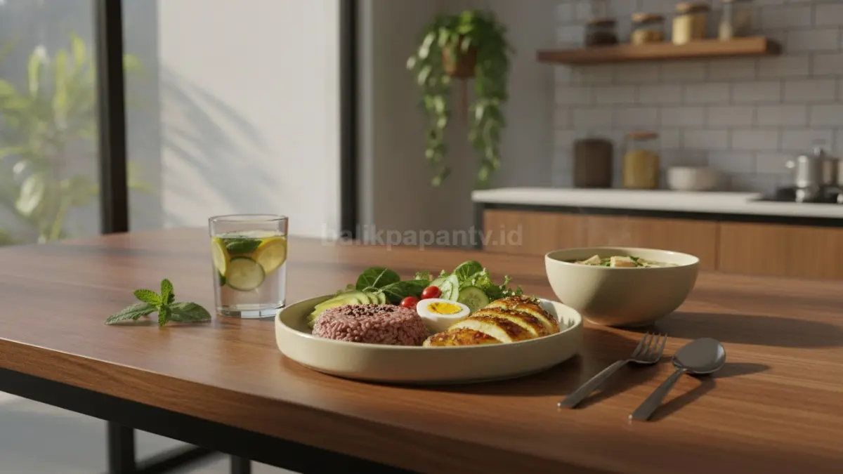 Penyajian makanan sehat seimbang dengan warna alami dan porsi teratur di meja makan modern. (BTV/Ai)