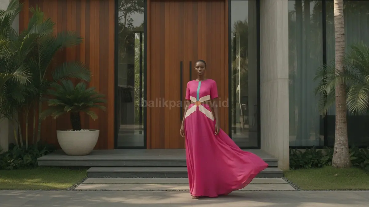 Perempuan berkulit gelap mengenakan busana pink fanta dengan kombinasi warna yang seimbang dan modern.
