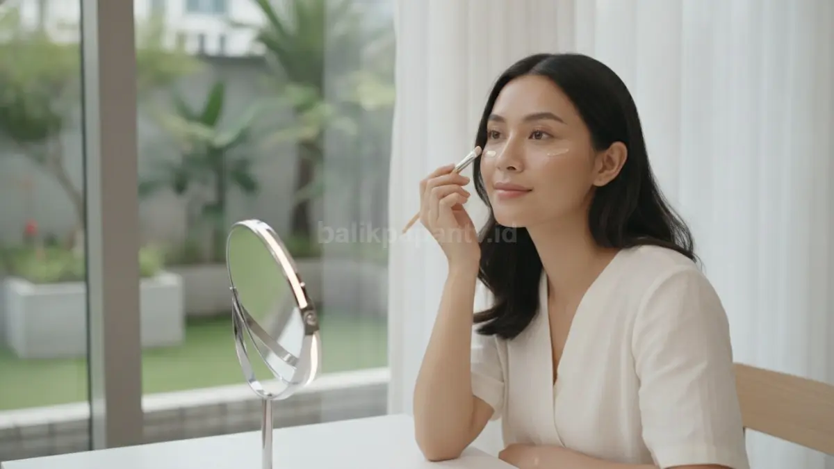 Perempuan merias area bawah mata untuk menyamarkan mata panda dengan hasil natural dan segar.
