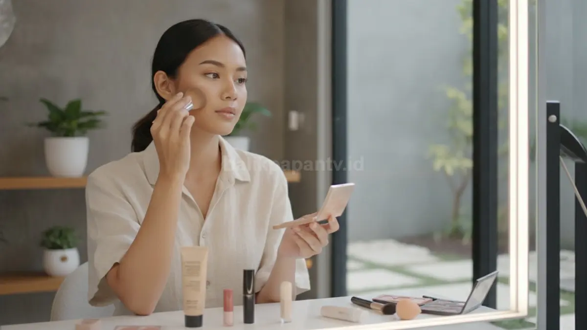 Perempuan sedang menerapkan makeup pemula anti gagal dengan tampilan natural dan rapi.
