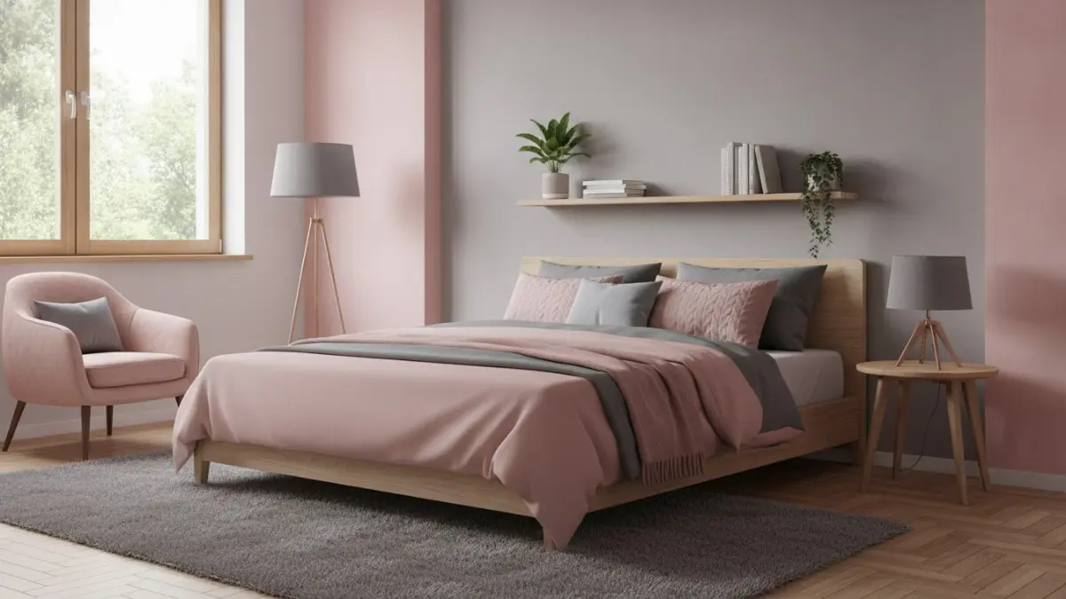 Perpaduan pink dan abu-abu hangat menciptakan kamar tidur tenang, modern, elegan, serta nyaman bergaya Scandinavian kontemporer. (BTV/AI)
