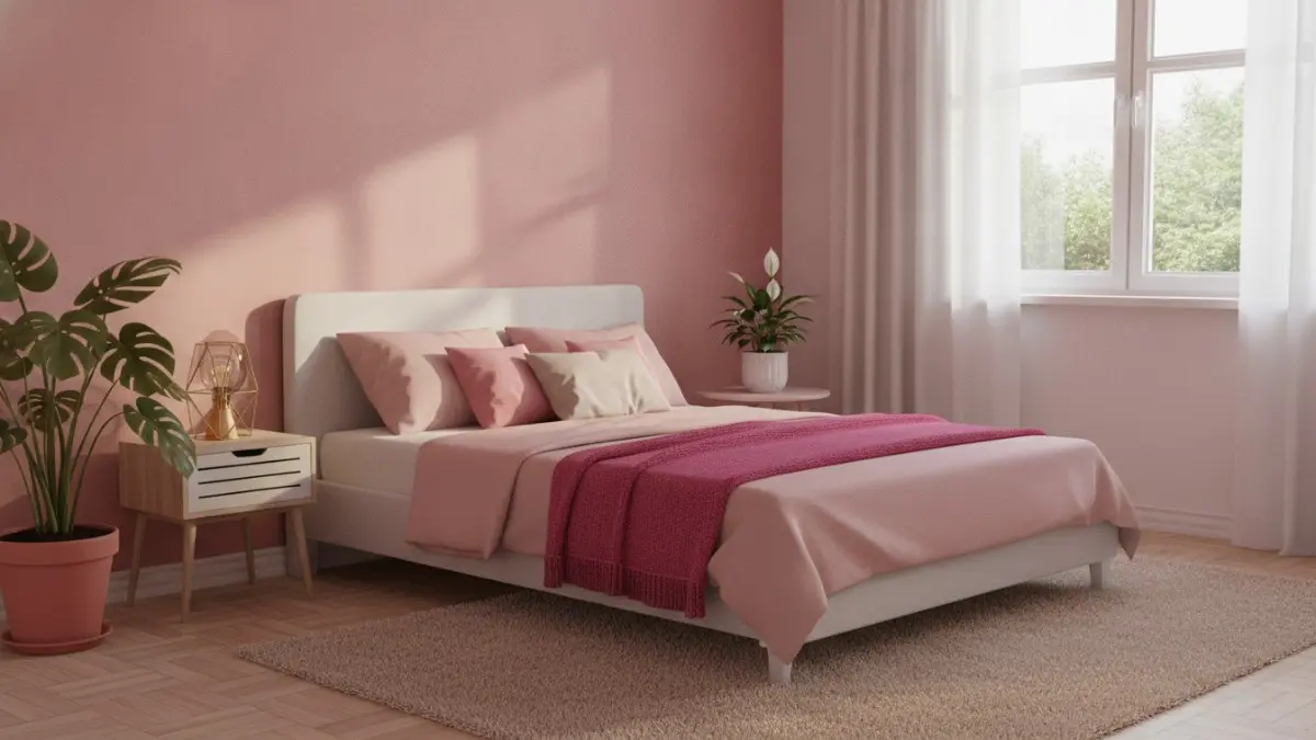 Pink berpadu tanaman hias menghadirkan kamar segar, alami, harmonis, menenangkan, sekaligus memperkaya tampilan interior modern. (BTV/AI)
