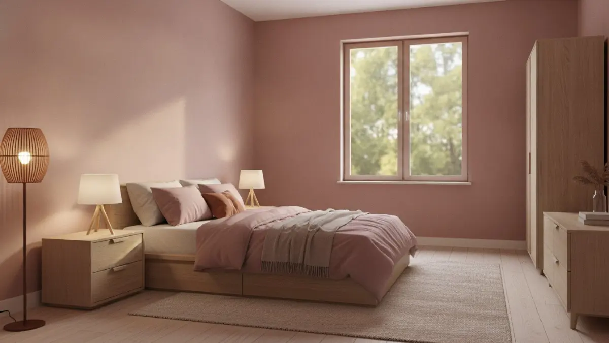 Pink dusty berpadu kayu terang menciptakan kamar tidur hangat, elegan, seimbang, nyaman, dan terasa lapang bagi dewasa. (BTV/AI)
