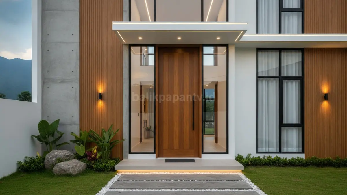 Pintu utama menjadi fokus visual yang menciptakan kesan megah dan elegan pada tampilan fasad rumah modern (BTV/Ai).
