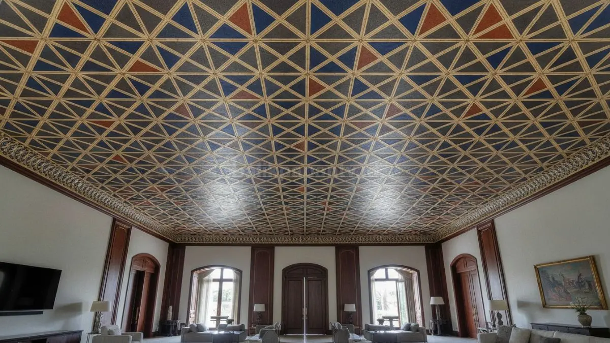 Pola geometris modern pada plafon menciptakan ritme visual rapi dengan nuansa kontemporer elegan.  (BTV/AI)