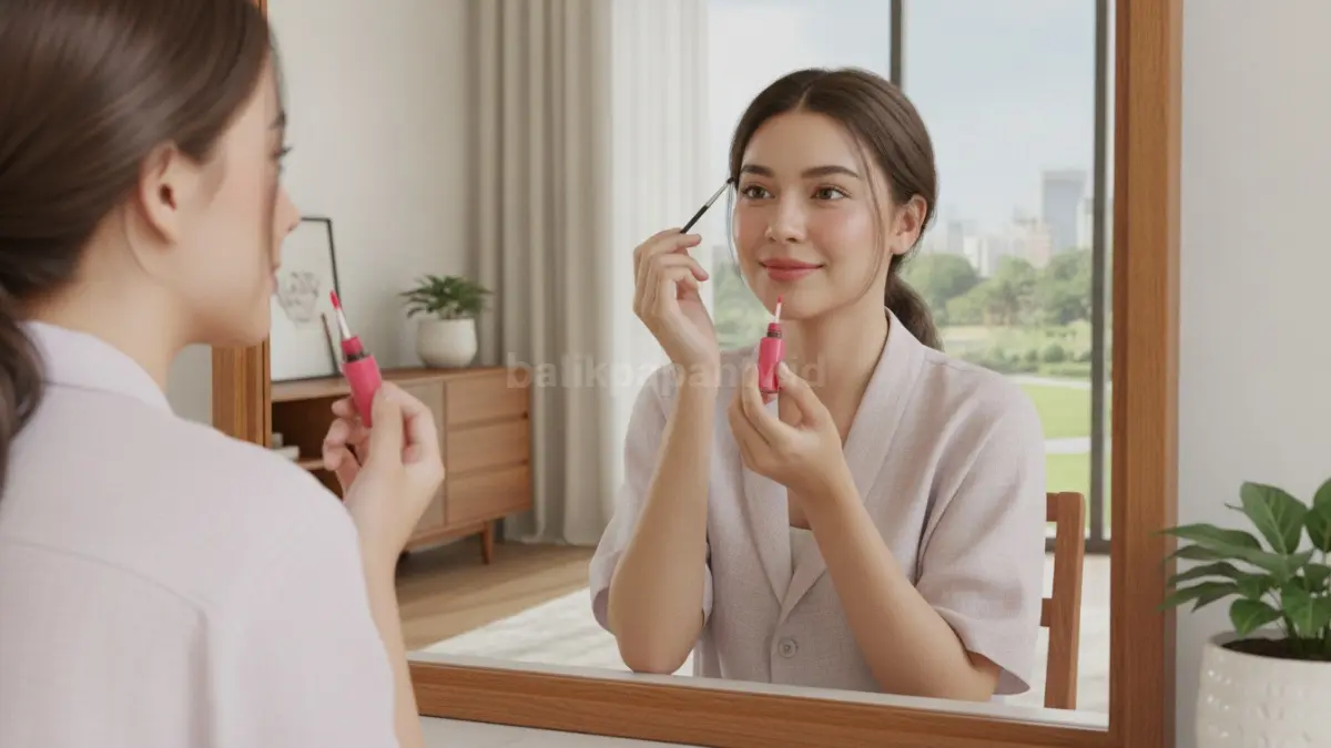Proses membentuk alis dan mengaplikasikan lip tint untuk tampilan segar.
